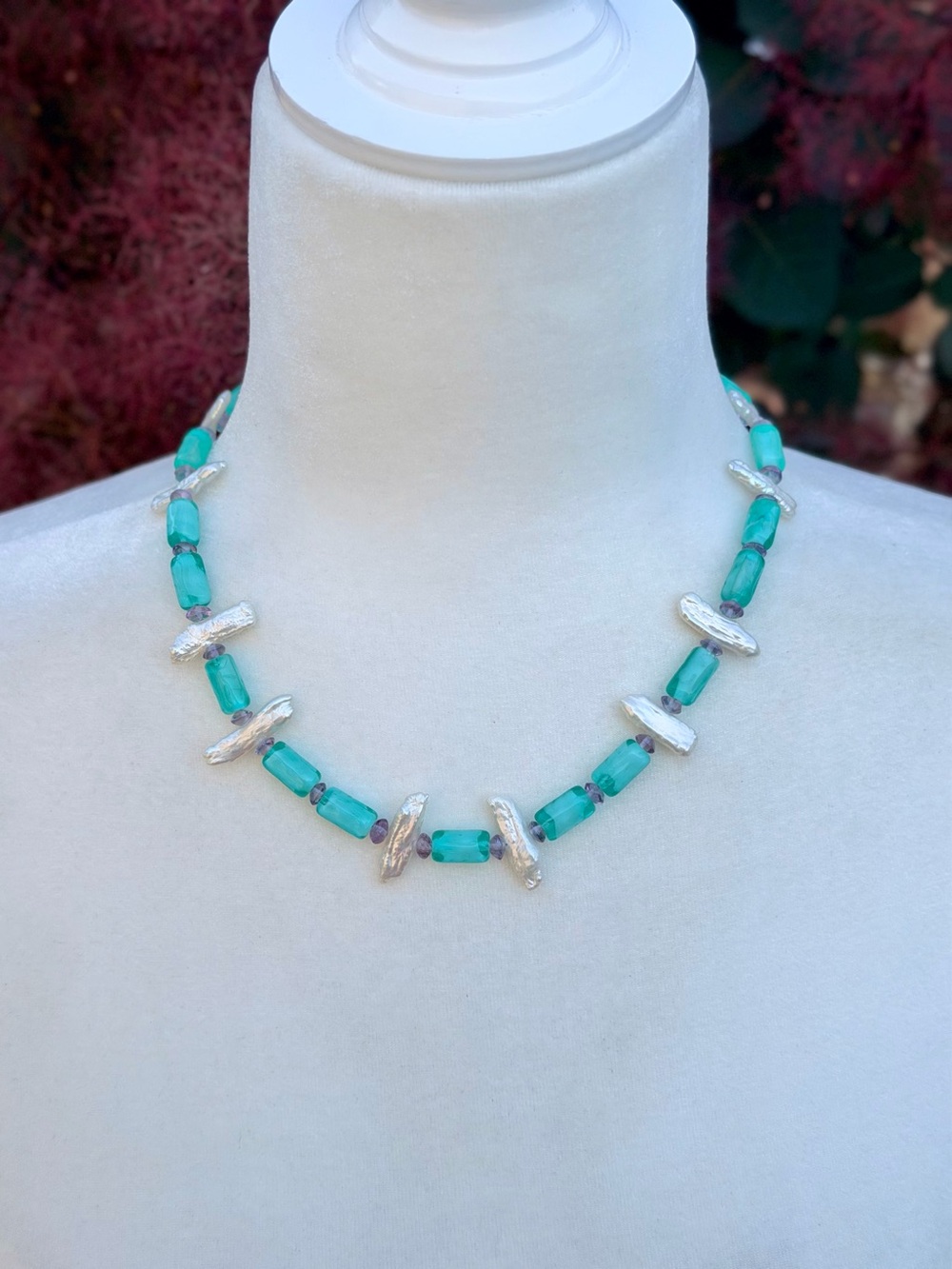 Freshwater Pearl, Aqua Blue Glass and Amethyst Beads Handmade 18” Necklace